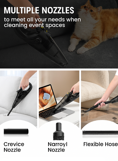 Vacuum cleaner with multiple nozzles shown in use on various surfaces, with a cat in the background.
