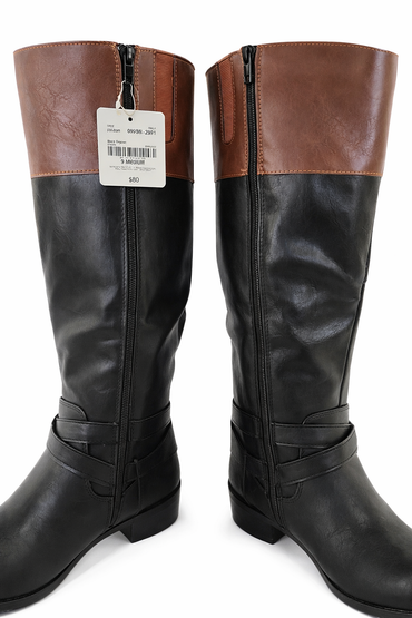 ANA Women's Torrance Riding Boots Black Cognac Block Heel