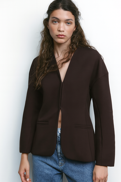 Zara Women's Chic Fitted Interlock Blazer - Essential Versatile Brown Jacket