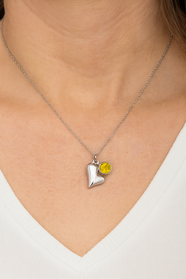 Silver Heart Necklace with Yellow Crystal Charm