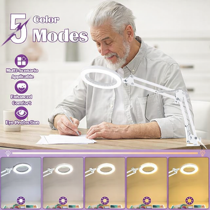 IVMAIE 10XMagnifying Glass with Light and Stand, 5 Color Modes LED Dimmable Desk Lamp