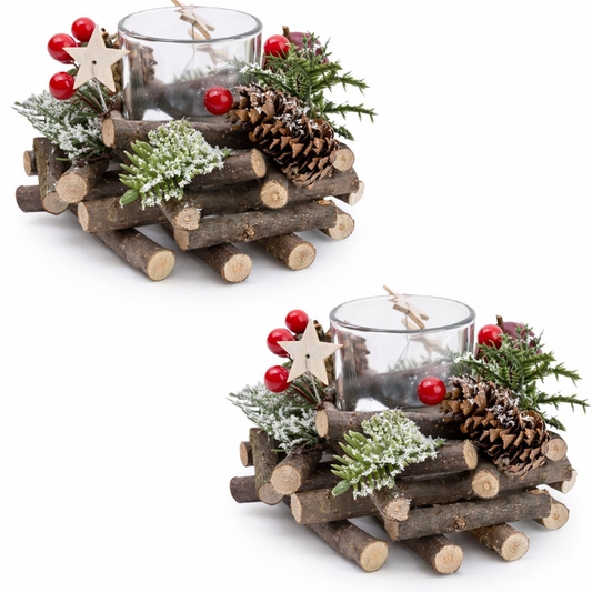 Carousel Home Christmas Tealight Candle Holders – Pinecone & Berry Set (2 pcs)