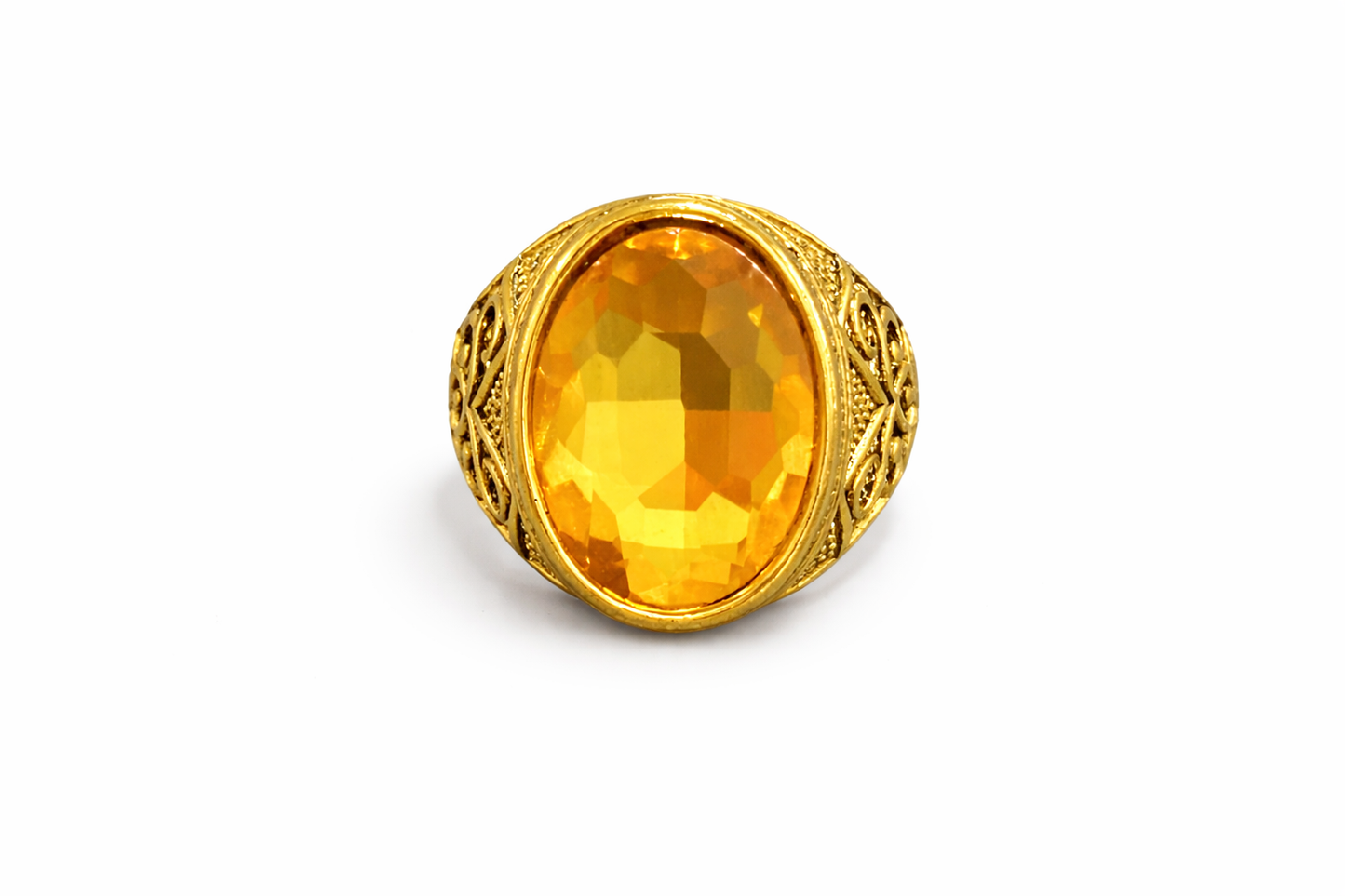 RVM Jewels Gold-Plated Vintage Ring with Amber Gemstone – Antique-Style Filigree Design
