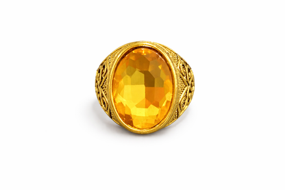 RVM Jewels Gold-Plated Vintage Ring with Amber Gemstone – Antique-Style Filigree Design