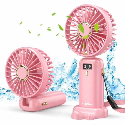 TUSRAC Portable 5000mAh USB Rechargeable Handheld Desk Fan, 5 Speeds, Pink