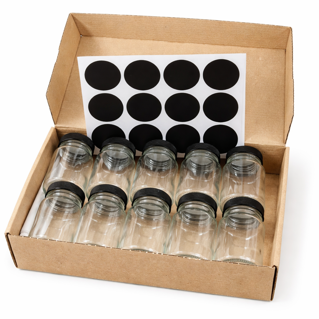 10‑Piece Glass Spice Jar Set with Black plastic Lids
