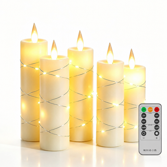 DC5PK  5-Pack Flameless LED Candles with Fairy String Lights and Remote Control
