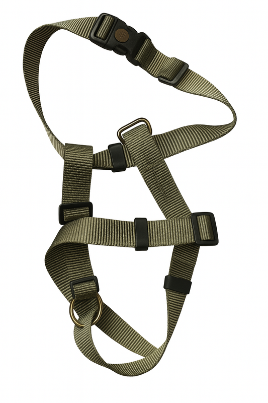 Heavy-Duty Adjustable Dog Harness – Olive Green Stripe | Secure & Reflective Fit