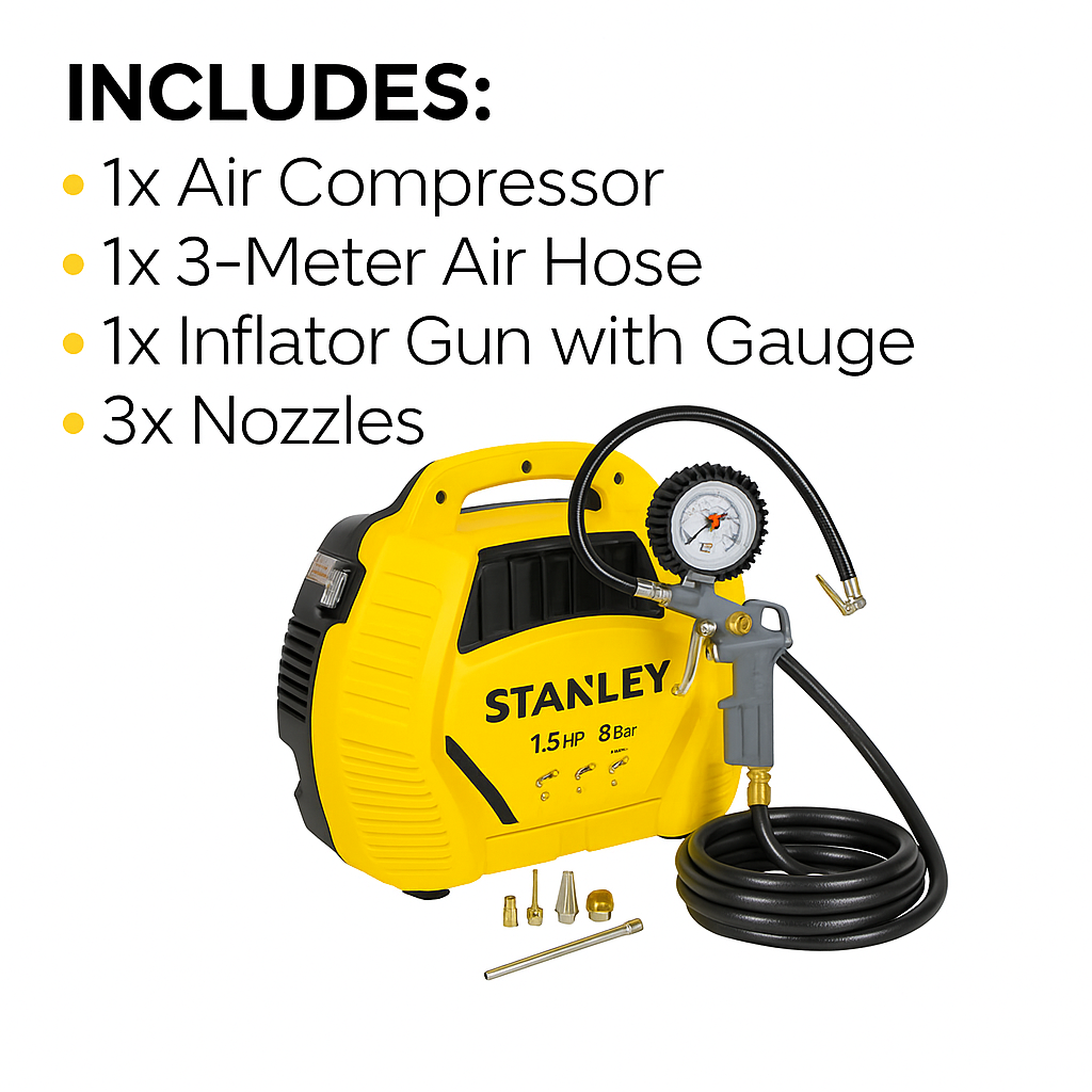 Stanley 8 Bar Oil-Free Air Compressor with Pneumatic Tools and Accessories