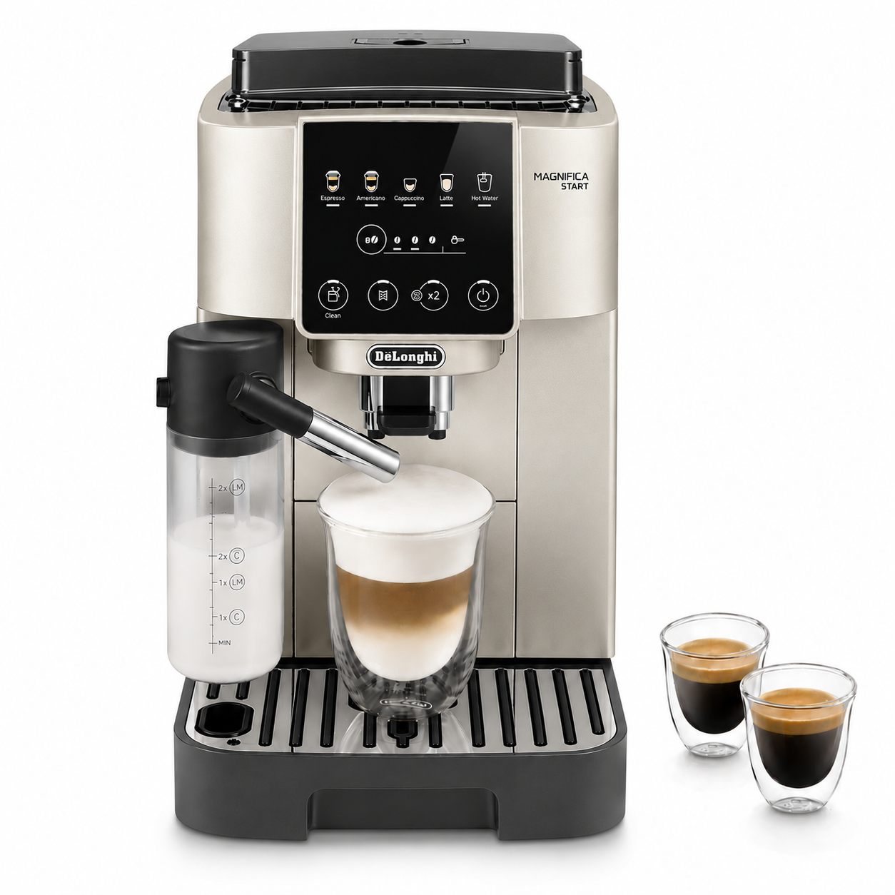 De'Longhi coffee machine with a glass of coffee and two cups on a white background