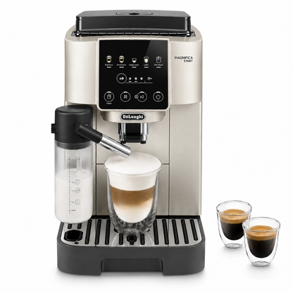 De'Longhi coffee machine with a glass of coffee and two cups on a white background