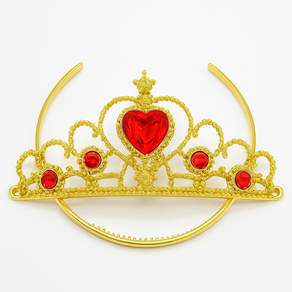Gold tiara with a red heart and red stones on a white background