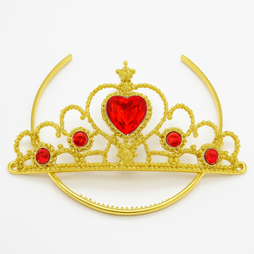 Gold tiara with a red heart and red stones on a white background