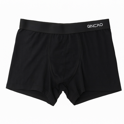 Black boxer briefs with a visible brand logo on a white background