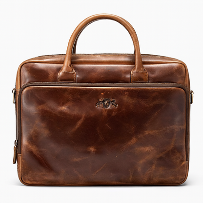 Brown leather briefcase on a white background