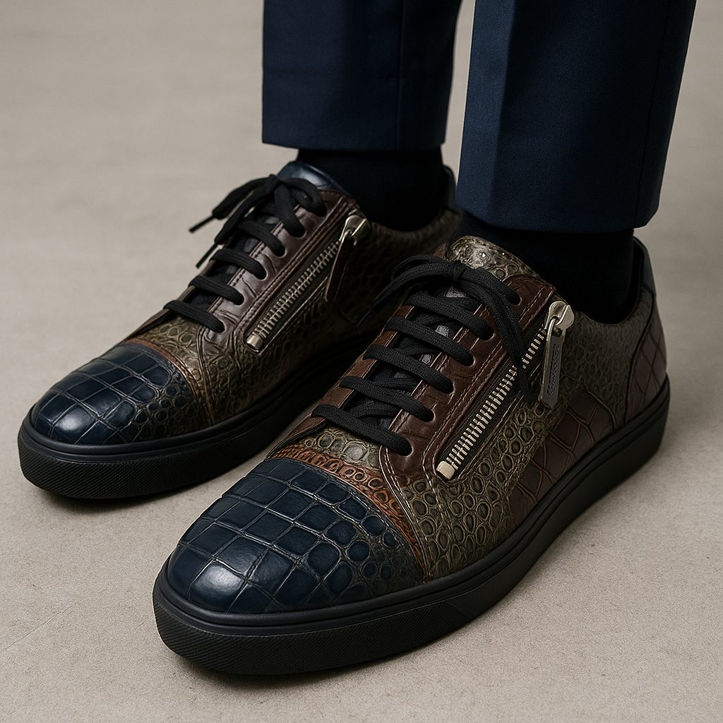 Baldinini Men's Leather-Textile Croc-Embossed Fashion Sneakers