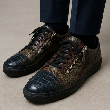 Baldinini Men's Leather-Textile Croc-Embossed Fashion Sneakers