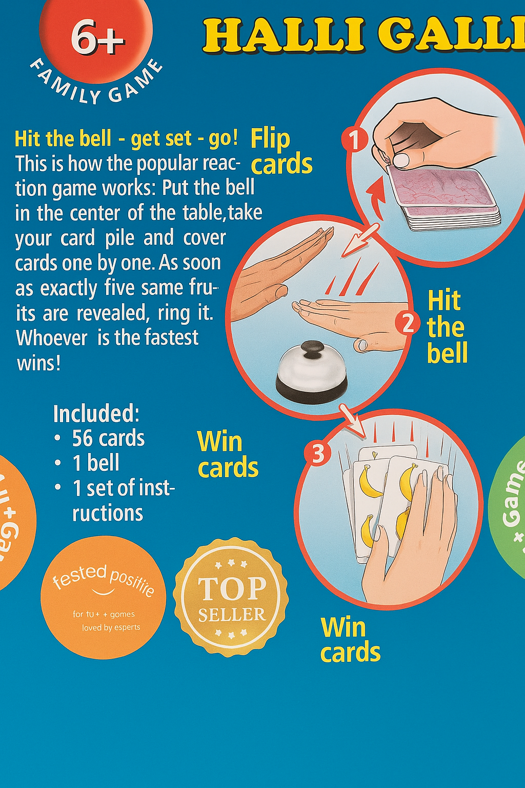 Instructional poster for a card game called 'Halli Galli' with step-by-step instructions and illustrations.