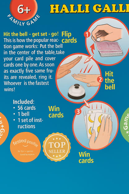 Instructional poster for a card game called 'Halli Galli' with step-by-step instructions and illustrations.