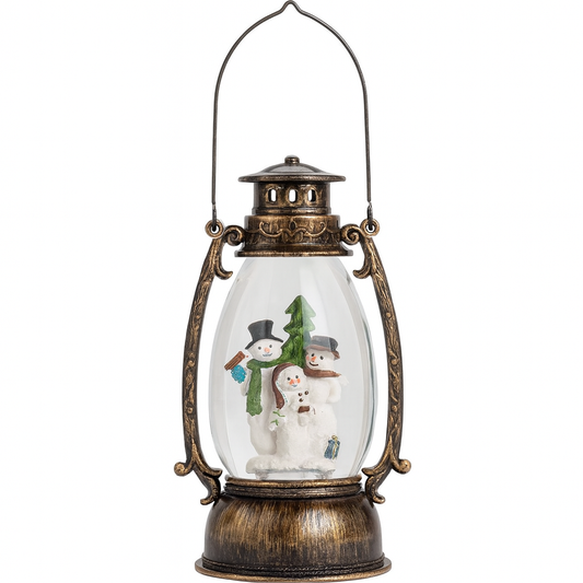 Decorative lantern with snowmen and a tree inside on a white background