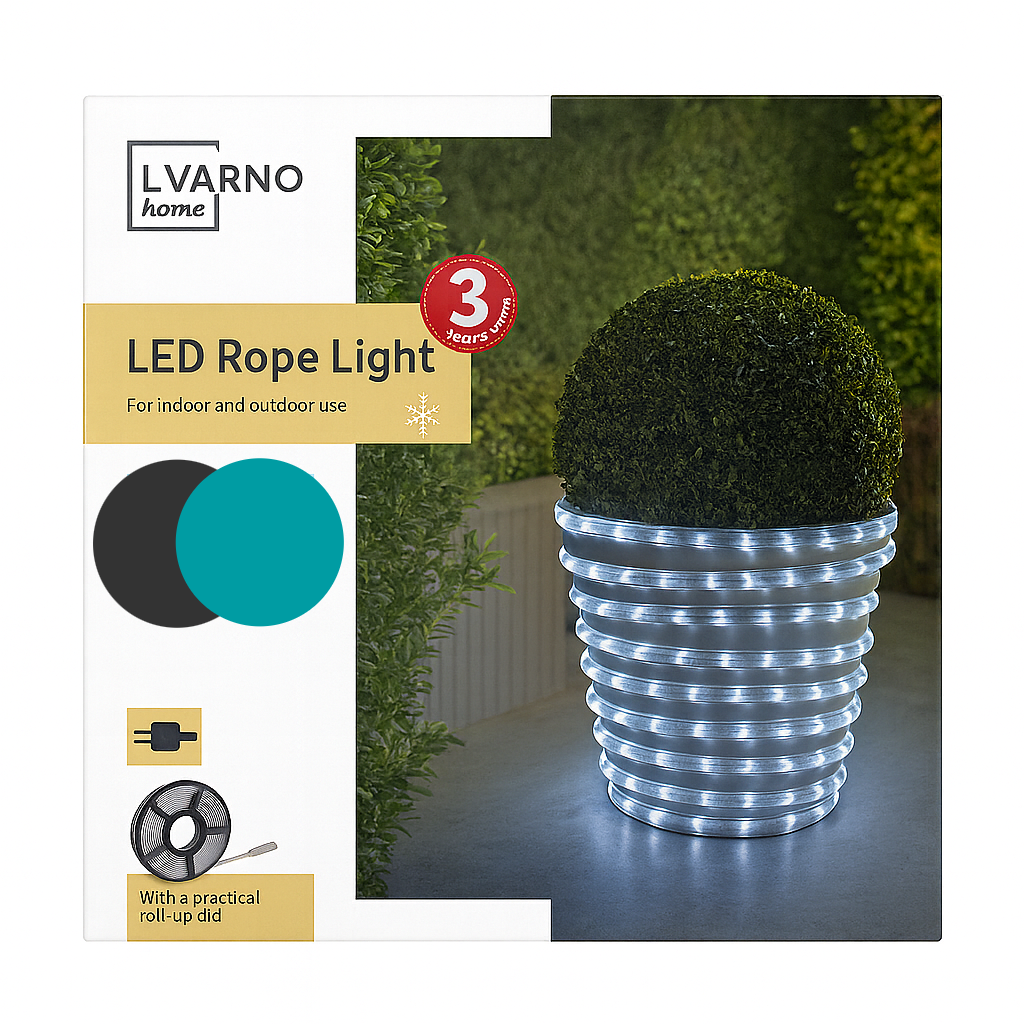 LED rope light packaging with a decorative planter featuring the light