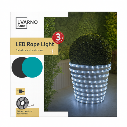 LED rope light packaging with a decorative planter featuring the light