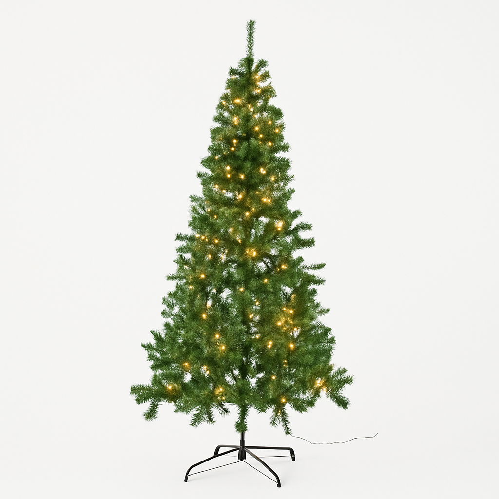 Pre-lit artificial Christmas tree with lights on a white background