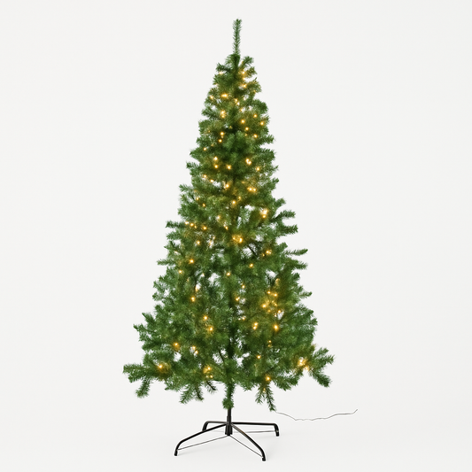 Pre-lit artificial Christmas tree with lights on a white background
