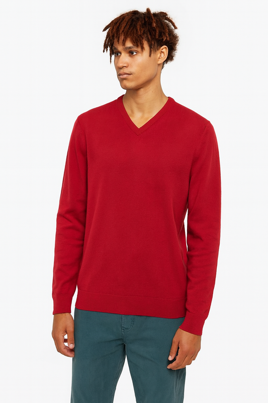 red V-neck sweater from Jack Stuart