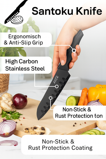 Axer Black Santoku Kitchen Knife with Hollow Edge