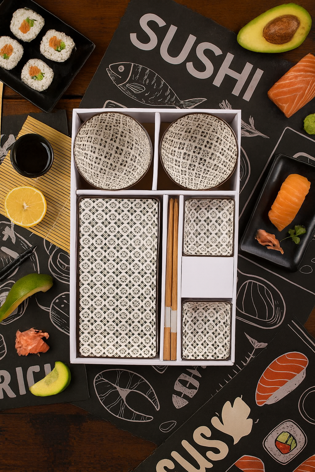 Sushi set with bamboo mats, chopsticks, and sushi on a sushi-themed background
