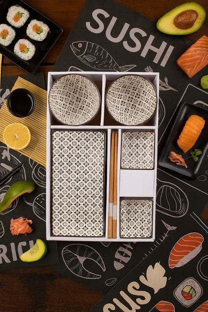 Sushi set with bamboo mats, chopsticks, and sushi on a sushi-themed background