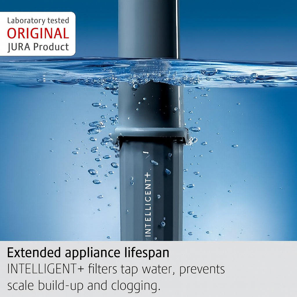 Water filter with water droplets on a blue background, featuring Jura branding.