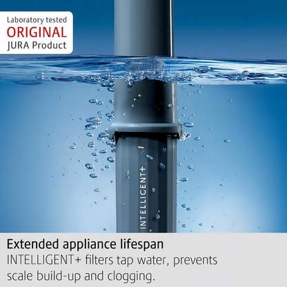 Water filter with water droplets on a blue background, featuring Jura branding.