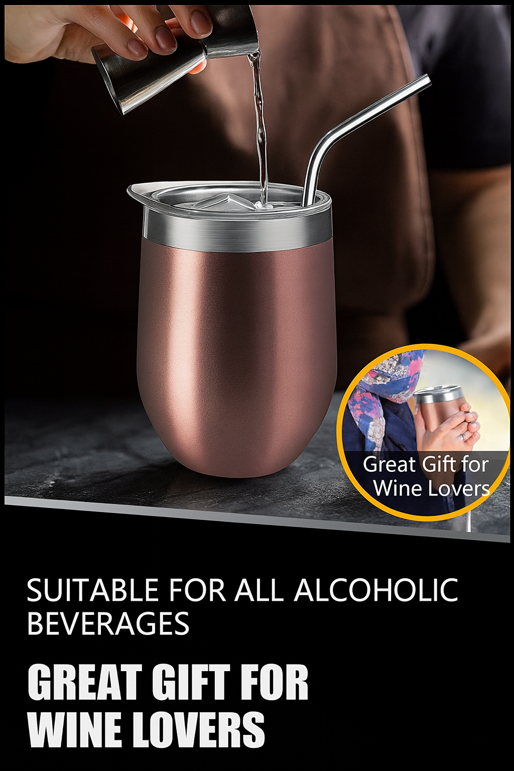 TELANKS Rose Gold Double‑Wall Insulated Wine Cup – 350ml