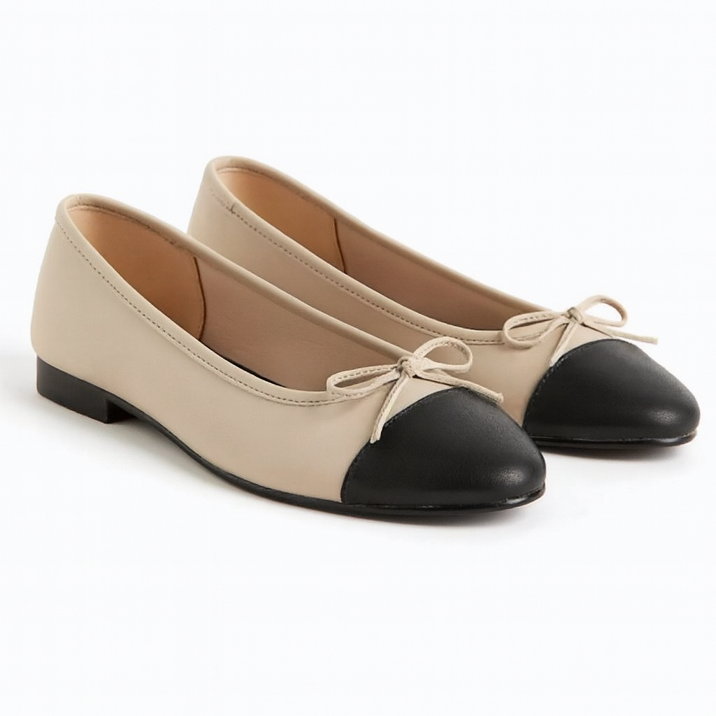 H&M Faux-Leather Ballet Flats Beige Black Contrast Toe Cap
