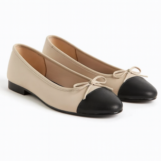 H&M Faux-Leather Ballet Flats Beige Black Contrast Toe Cap