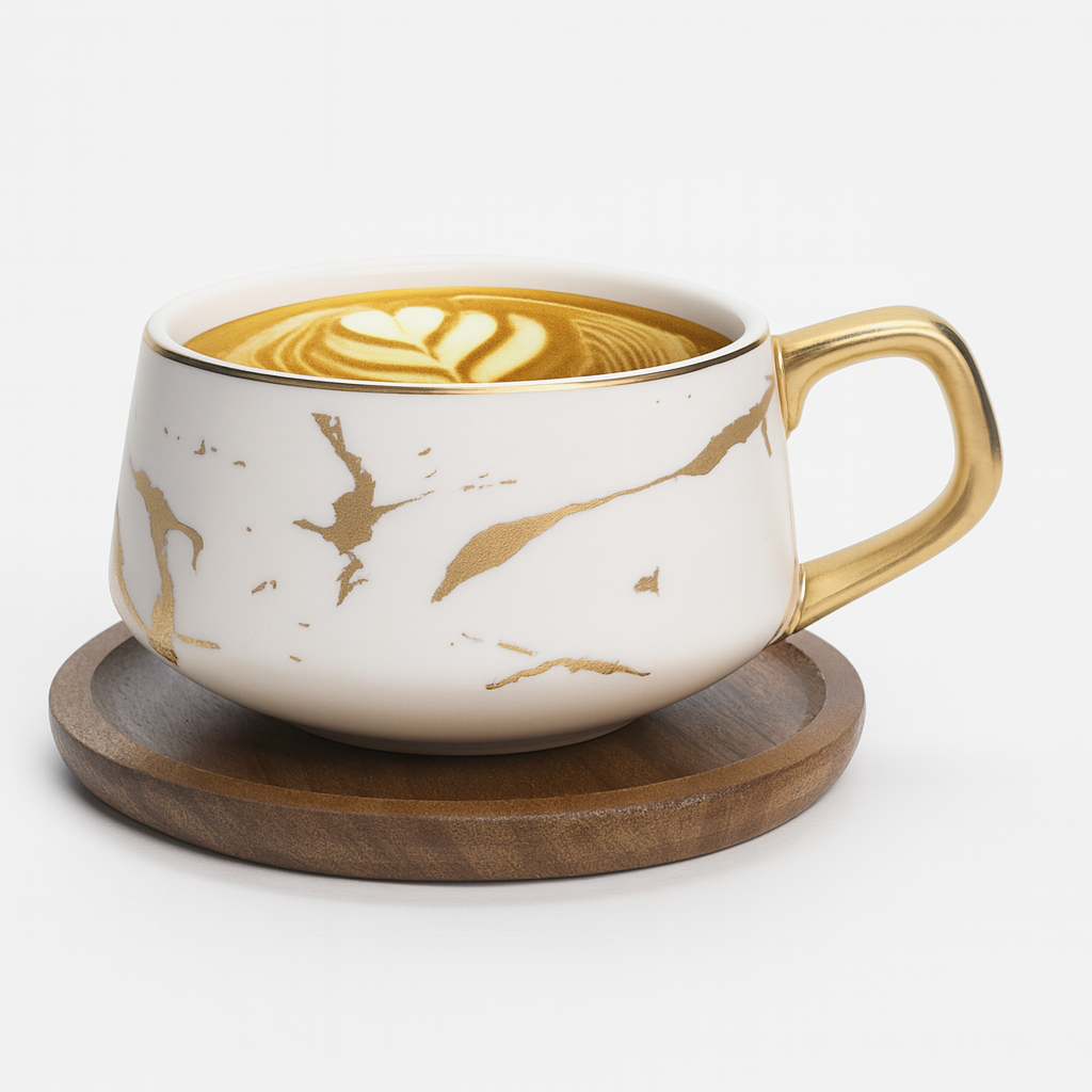 White mug with gold accents on a wooden coaster, filled with a latte.
