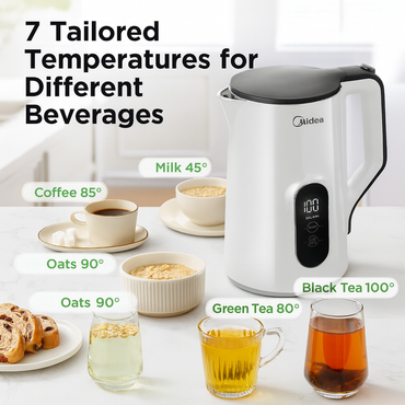 Midea electric kettle with labeled temperatures for various beverages on a table.
