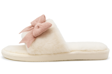 Cozy Bow Knot Plush White Open-Toe Slippers for Women