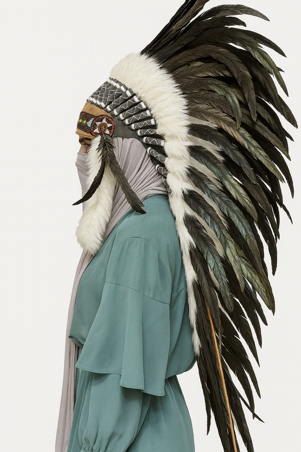 Person wearing a headdress with feathers on a plain background