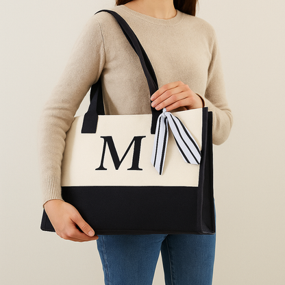 Personalized Monogram Initial Cotton Two-Tone Chic Tote Bag for Women