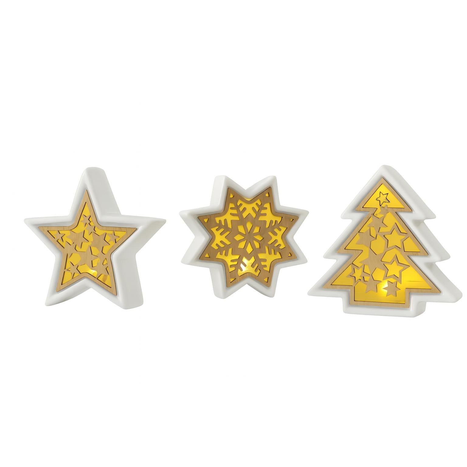 Three decorative items shaped like a star, snowflake, and Christmas tree with gold cut-out patterns on a white background.
