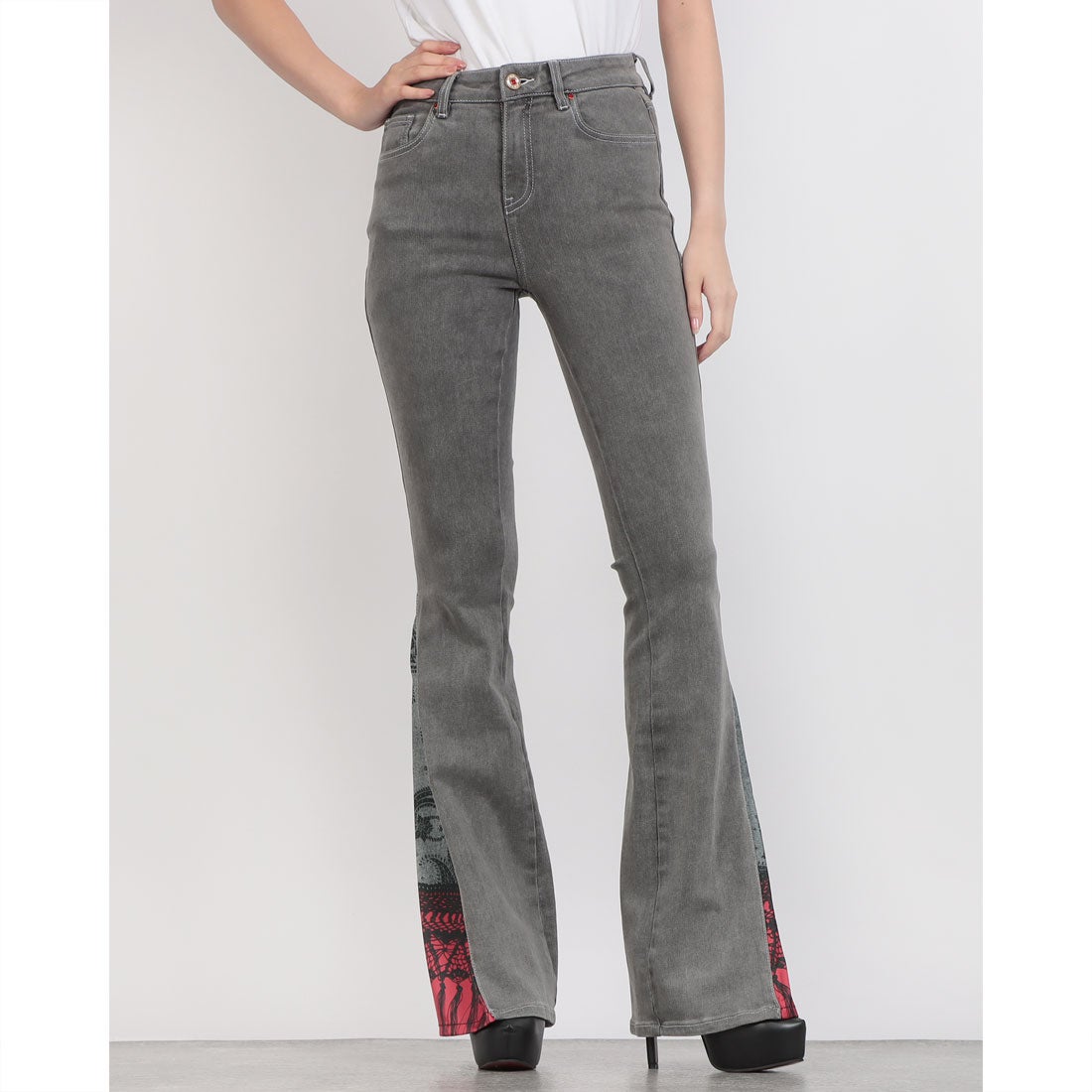 Denny Rose Women's Black High Waist Flare Denim Jeans with Print Detail