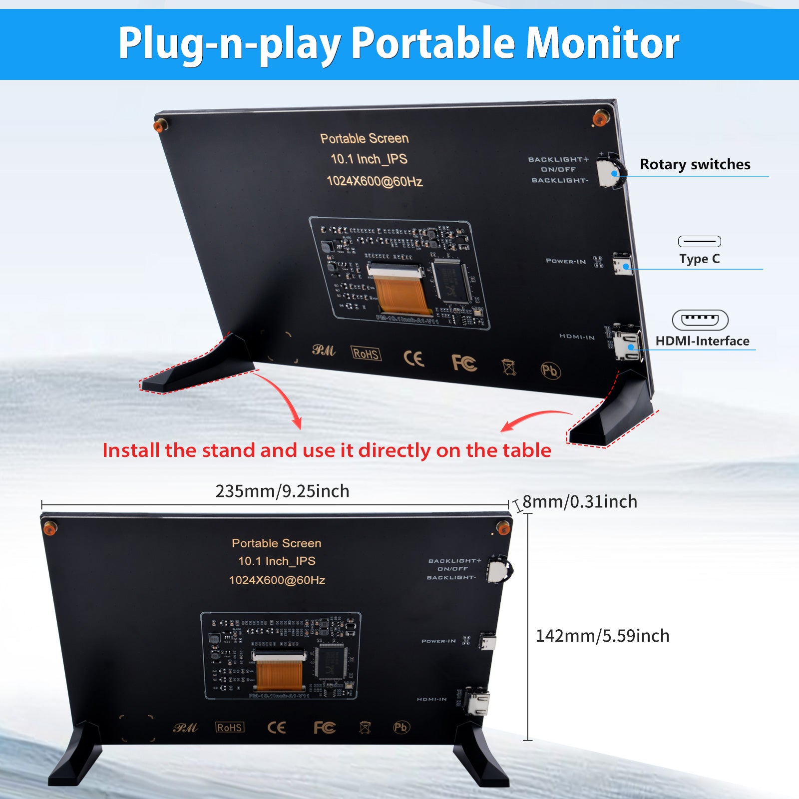 52Pi EP-0183 10.1 Inch IPS Portable Monitor 1024x600 60Hz HDMI USB-C for Raspberry Pi Windows PC