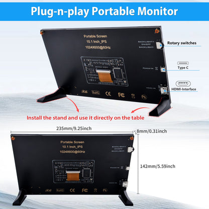 52Pi EP-0183 10.1 Inch IPS Portable Monitor 1024x600 60Hz HDMI USB-C for Raspberry Pi Windows PC