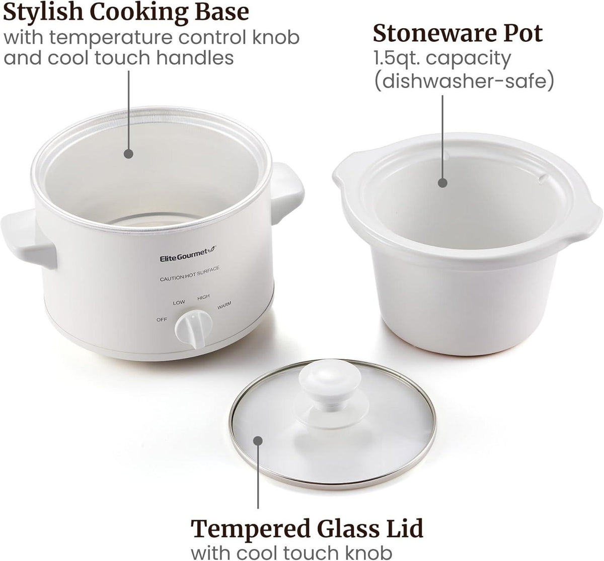 Elite Gourmet MST-250XW Electric Slow Cooker Ceramic Pot 1.5 Quart