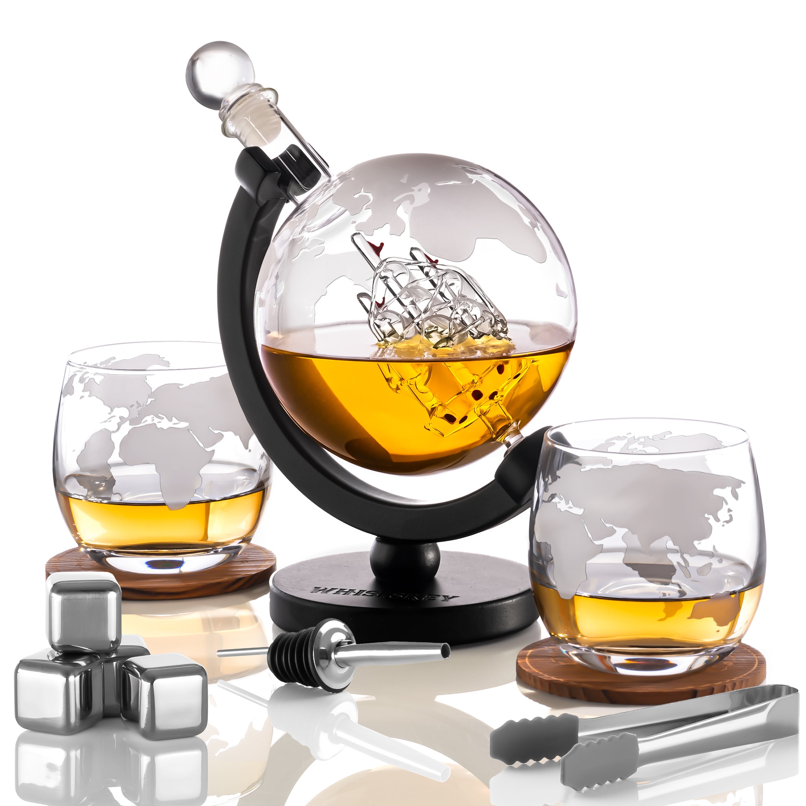The Explorer Luxury Whiskey Decanter Set with Wooden Stand