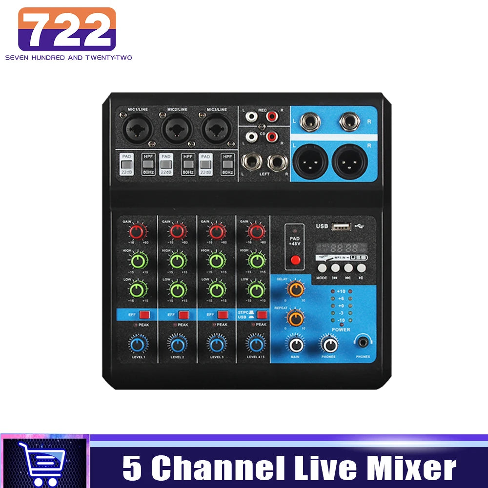 Professional 5-Channel USB Audio Mixer with High/Low Tone Controls