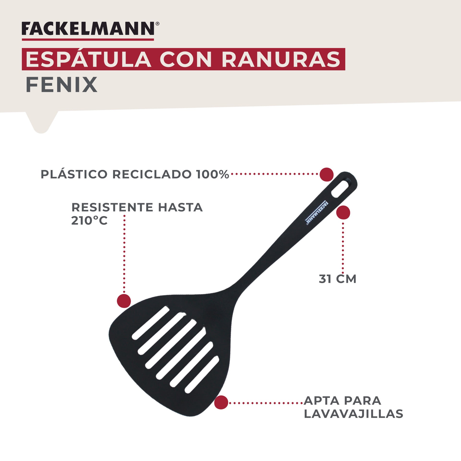 Fackelmann Fenix Slotted Spatula: 100% RPET Recycled Plastic, Heat Resistant 230°C, Non-Scratch, 31cm Black
